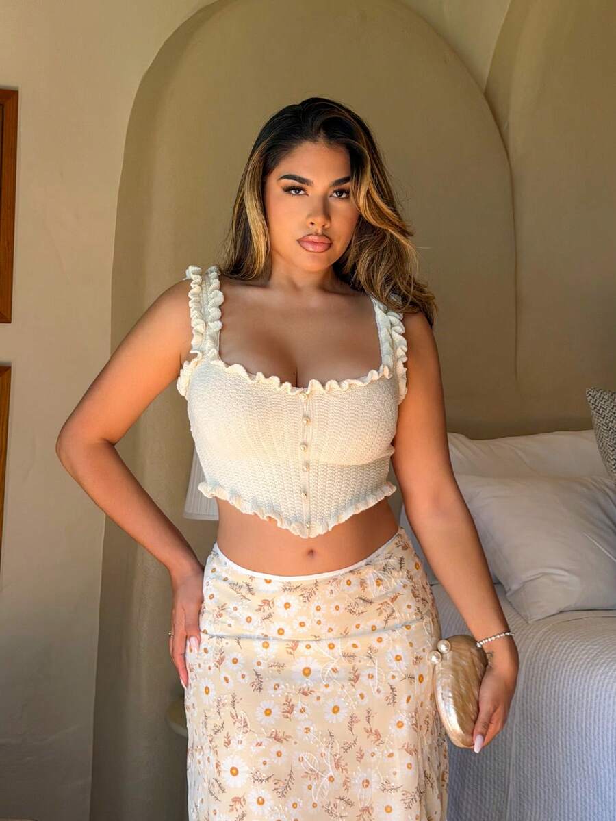 Maria Perezxox 女士浪漫休閒針織上衣，適合度假穿著 - 杏色 - 查看 1