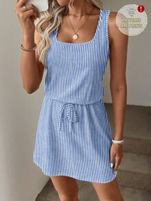 Easowa Blue Faux Mechanical Striped Casual Printed Mini Dress, Suitable For Spring/Summer & Vacation - Multicolor - View 1