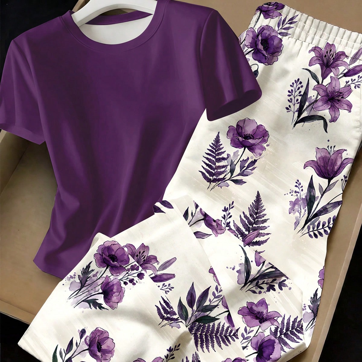 Piezas Conjunto informal de niña preadolescente con camiseta de cintura fruncida y pantalones con estampado floral, adecuado para uso diario en prima