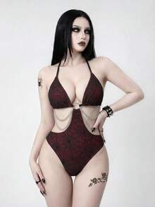 ROMWE Goth 26SS 哥特式蜘蛛网黑红暗哥特风连体泳衣，女士，春夏款 - 黑色 - 查看 5