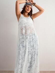 Freevana 大码女式时尚百搭蕾丝刺绣连衣裙 - 白色 - 查看 3