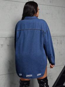 Slaydiva Plus Size Women Distressed Denim Jacket, Fashionable Versatile - Medium Wash - View 2