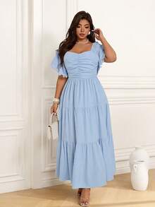 Đầm midi xếp ly màu trơn dành cho nữ cỡ lớn, thích hợp cho các buổi hẹn hò và kỳ nghỉ. - Màu xanh lam - Xem 4