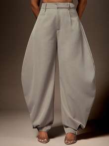 Vixey High Waisted Barrel Office Pants With Gold Button Cuffs - Grey - View 5