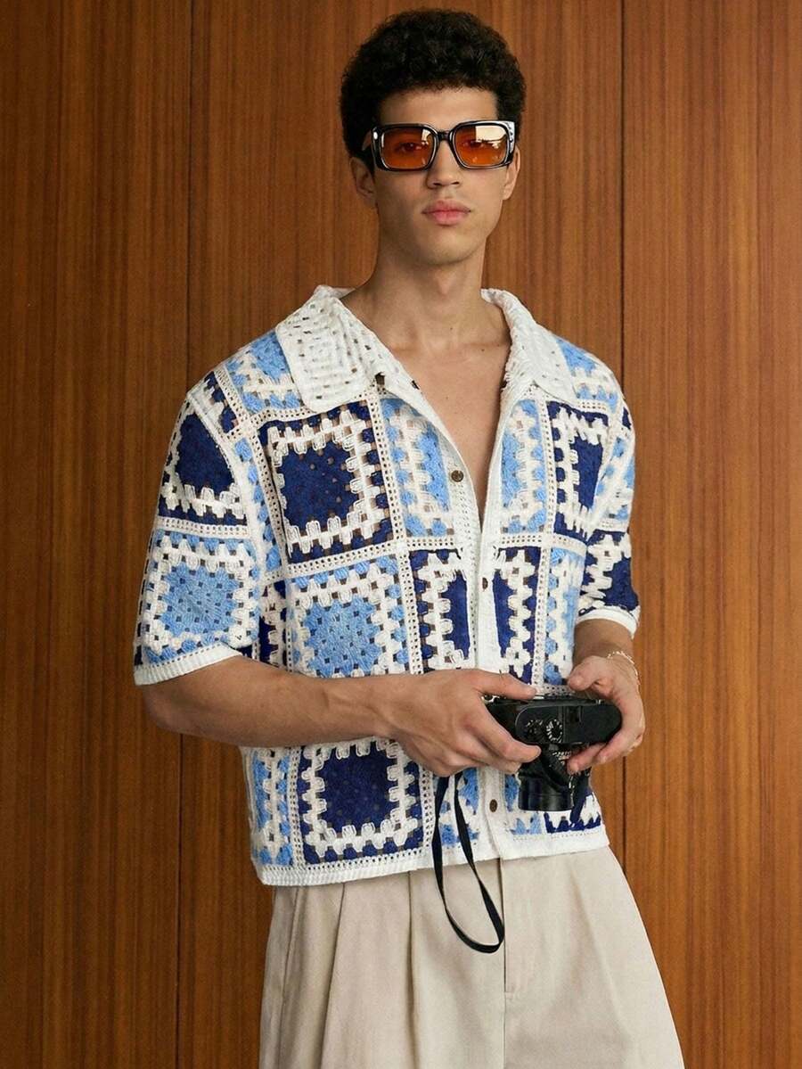 SWAVVY 男士度假撞色镂空单排扣针织上衣 - 藍色 - 查看 1