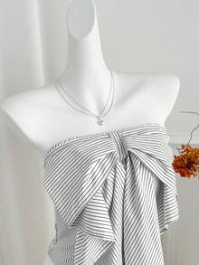Sweetra Áo kiểu croptop không tay, trễ vai, dáng ôm, thắt nơ, kẻ sọc, thanh lịch và đa năng cho mùa xuân/hè. - màu đen - Xem 7