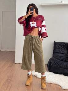 Coolane Women Summer Spring Streetwear Vintage Washed Distressed, Comfortable Denim Effect Black Shorts Wide Leg Capri Pants Loose - Rust Brown - View 2