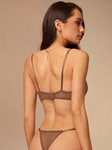 Silquee Women's Plant Embroidered Mesh Sexy Lingerie Set (With Underwire, Thong) - Coffee Brown - View 2