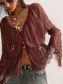 Bohemela Women's Casual Solid Color Knit Lace V-Neck Flare Sleeve Ruffle Hem Blouse - Coffee Brown - View 2