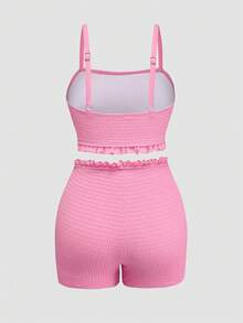 Sweetra Conjunto de tankini y shorts con pliegues para mujer de talla grande, adecuado para vacaciones de verano - Rosa - Ver 2