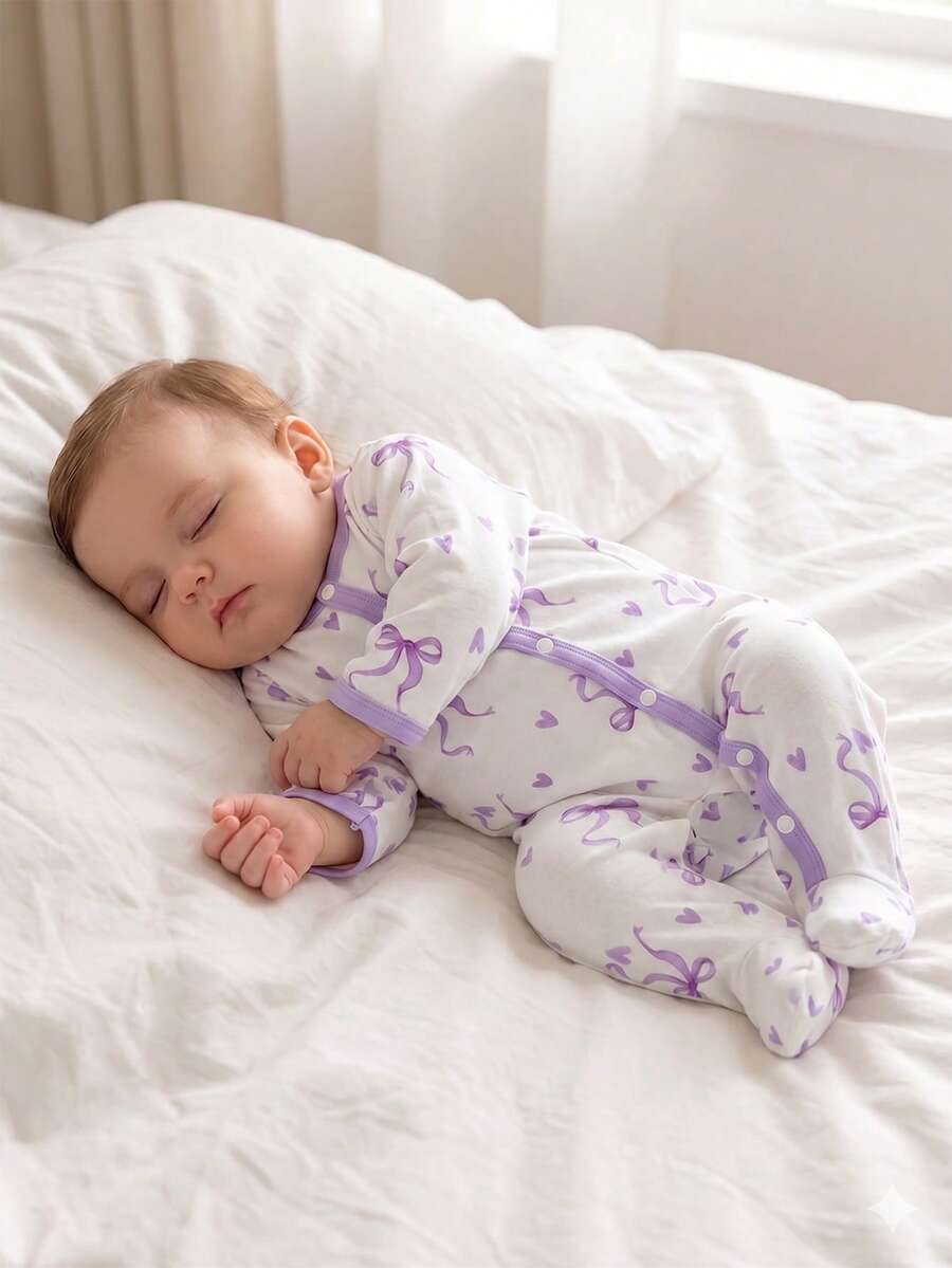 SHEIN Bộ áo liền quần dài tay cổ tròn in nơ dễ thương cho bé gái sơ sinh, chất liệu mềm mại và thoải mái, thích hợp làm trang phục và quà tặng ngày Valentine. - Màu tím hoa cà - Xem 1