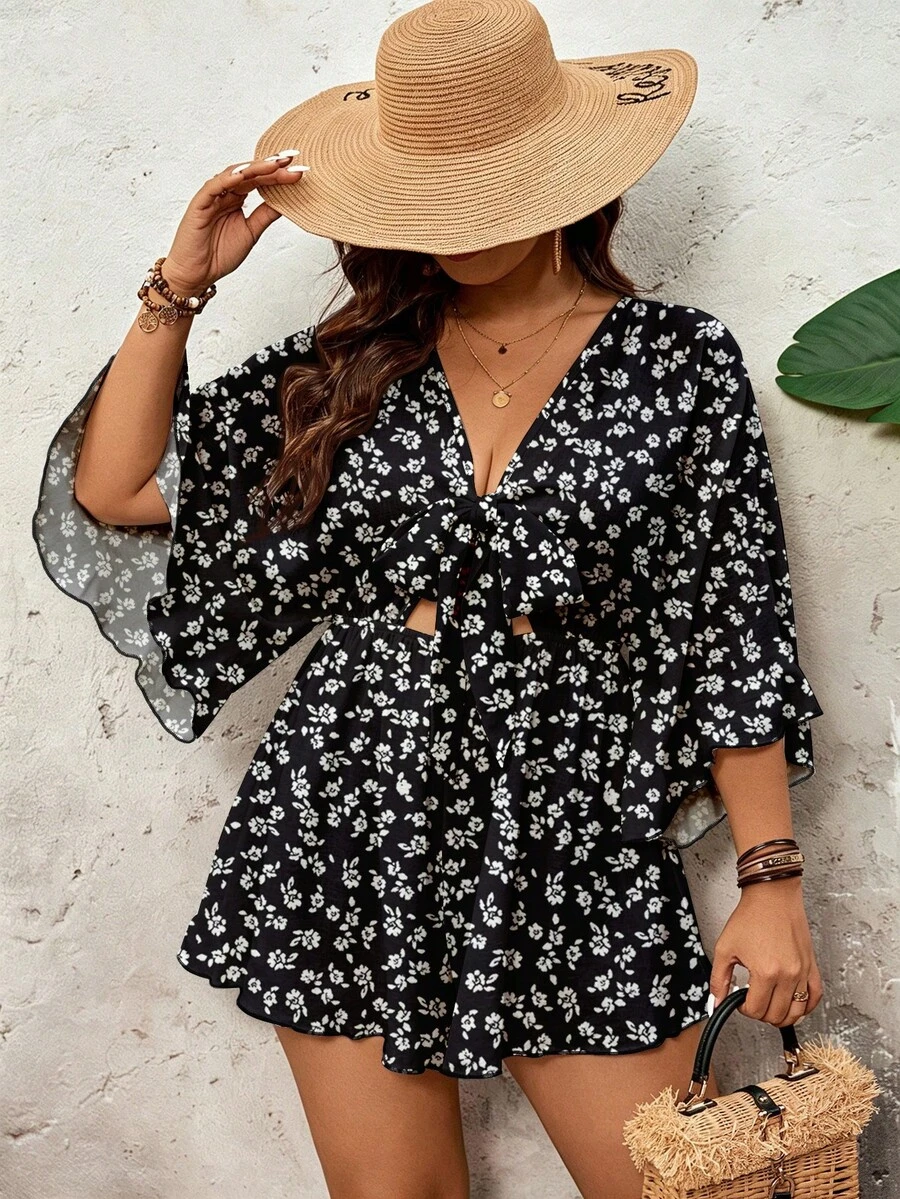 SHEIN VCAY 大码系带喇叭袖碎花连体裤,适合夏季穿着 - 彩色 - 查看 1