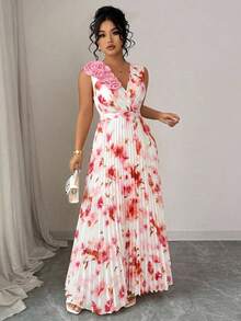 Vestido plisado de línea A de color crema amarillento, talla grande, con escote en V, sin mangas, cintura ceñida, sofisticado - Rosa - Ver 6