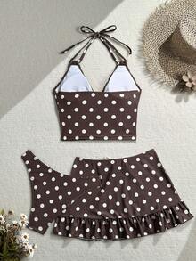 SHEIN Swim Mod 3pcs Polka Dot Contrast Color Print Ruffle Hem Halter Swimsuit Set, Spring/Summer - Multicolor - View 2
