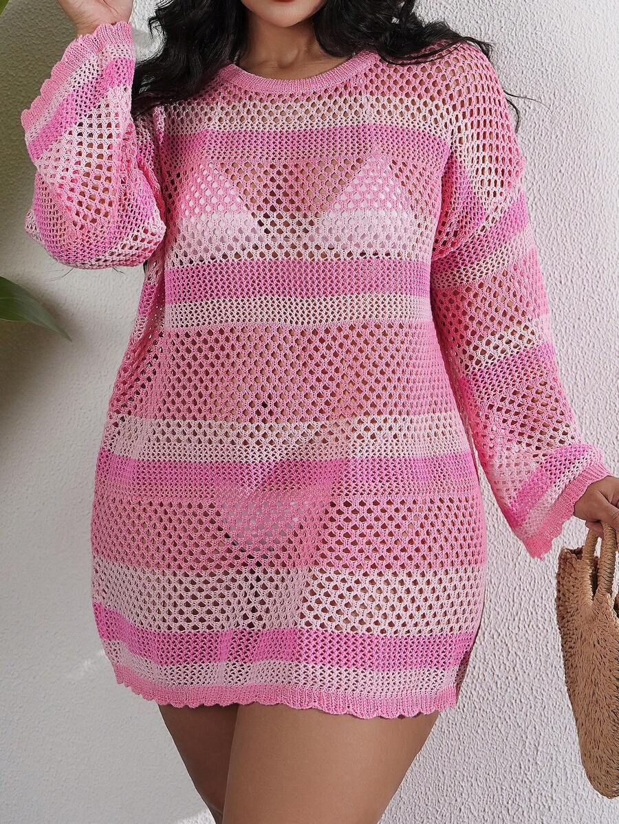 SHEIN Swim 大码女式宽松镂空渐变粉色可爱沙滩罩衫套头衫 - 粉色 - 查看 1