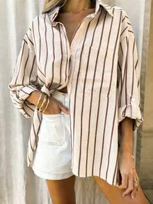 Plus Size Women Casual Striped Shirt - Apricot - View 4