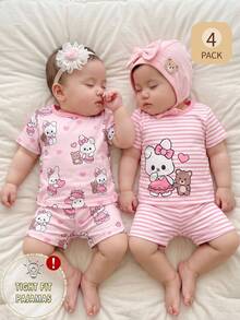Bộ đồ ngủ 4 món cho bé gái, kiểu dáng ôm sát, in hình thỏ và trái tim hoạt hình, kẻ sọc, cổ tròn, tay ngắn và quần đùi, thích hợp mặc ở nhà, chơi ngoài trời và mặc thường ngày vào mùa hè. - Hồng - Xem 8