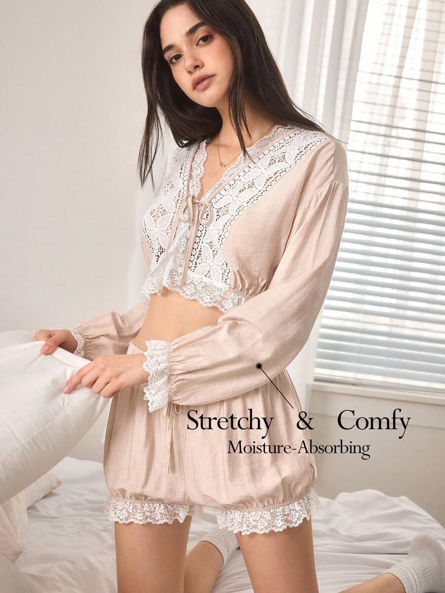 Ocili Bộ đồ ngủ mùa thu thoải mái, sang trọng, kiểu dáng bohemian mềm mại, có dây rút, dành cho nữ. - Màu Khaki - Xem 1