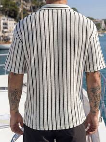 VIVINTIMO Men's Summer Casual Vacation Beach Contrast Color Striped Print Short Sleeve Shirt - Black and White - View 3