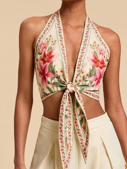 Travachic Plus Size Women Floral Print Halter Backless Casual Vacation Top