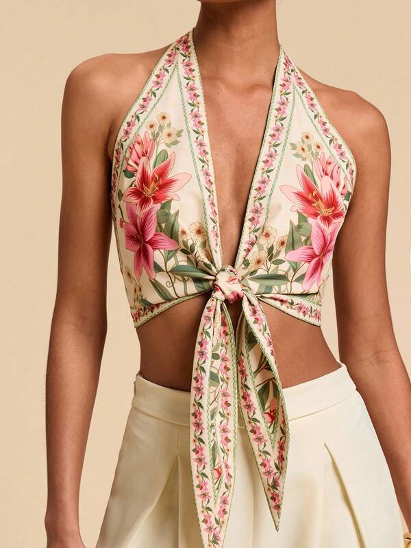 Travachic Plus Size Women Floral Print Halter Backless Casual Vacation Top
