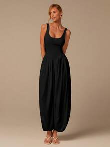 COSMINA Bộ jumpsuit không tay cổ chữ U, jumpsuit thanh lịch, jumpsuit mùa hè dành cho nữ, jumpsuit màu trắng, phù hợp cho mặc hàng ngày, phong cách đường phố, hẹn hò, ngày Valentine, chất liệu vải dệt kim co giãn. - màu đen - Xem 4