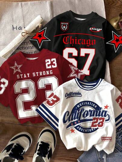 3pcs/Set Tween Boys' Casual Minimalist Short Sleeve Crew Neck T-Shirts, Suitable For Spring/Summer Daily Wear, Outings, Street Style, Classic Design With Number 23 & Cool Sports Element Graphic Print