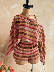 Soleia Plus Size Women Orange Asymmetrical Shoulder Top And Shorts 2 Pieces Set Autumn Boho Vacation Holiday Music Festival Summer Spring Outfit Beach - Multicolor - View 4