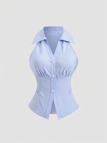 SHEIN PETITE 女士时尚百搭条纹单排扣通勤衬衫 - 藍色 - 查看 1