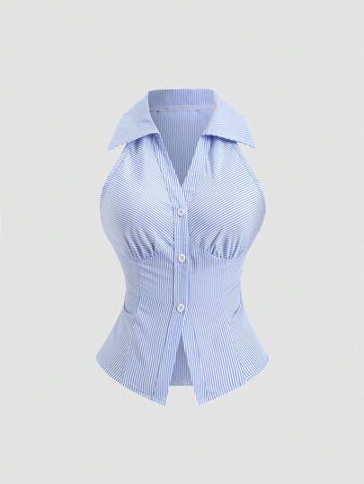 SHEIN PETITE Áo sơ mi nữ thời trang, đa năng, kẻ sọc, cài một hàng khuy, thích hợp cho công sở.