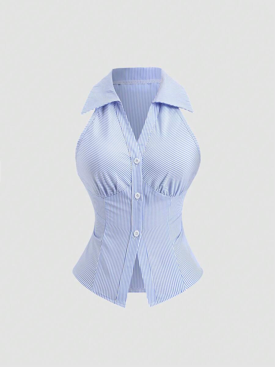 SHEIN PETITE 女士时尚百搭条纹单排扣通勤衬衫 - 藍色 - 查看 1