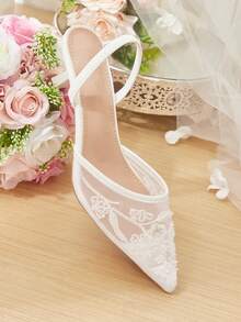 CUCCOO HITCHD 女款四季珍珠串珠刺繡網元素尖頭細高跟鞋 氣質時尚性感 Slingback 綁帶穆勒鞋 露跟高跟涼鞋 婚禮下午茶派對情人節伴娘新娘婚鞋 優雅穿搭 - 白色A - 查看 7