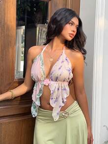 Sunnyshic Wave Decor Floral Tie Neck Blouse - Pink - View 3