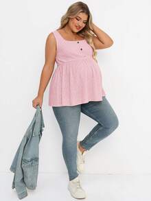 Plussiva Plus Size Maternity Button-Up Casual Blouse, Suitable For Outings And Vacations - Pink - View 7