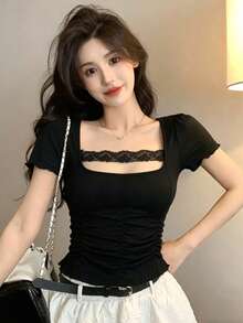 FRIFUL Women's Square Neck Lace Tie-Up Splice Fitted Solid Ribbed Short Sleeve T-Shirt - Black - View 4