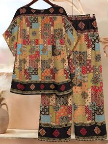 Bộ đồ nữ cỡ lớn phong cách Boho in hoa, cổ tròn, tay ngắn và quần dài, thích hợp mặc hàng ngày, đi nghỉ mát, mùa hè. - Nhiều màu - Xem 2