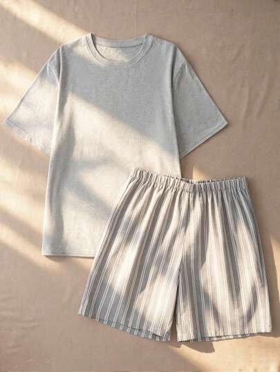 EverLounge Men's Basic Casual Floral Gray Round Neck Short Sleeve Striped Shorts Pajama Set