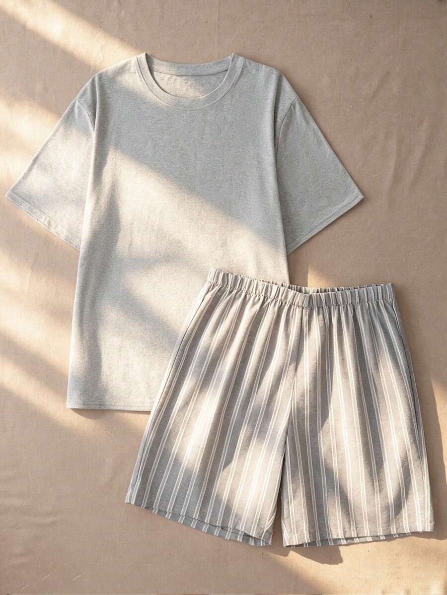Men's Basic Casual Floral Gray Round Neck Short Sleeve Striped Shorts Pajama Set - Light Grey - View 1