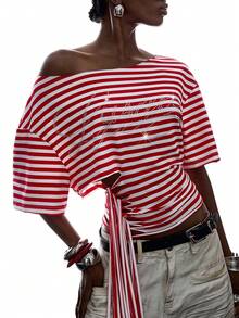 LYSMO Women's Summer Fashion Striped Rhinestone Letter Pattern Asymmetric Neck Tie T-Shirt - Red and White - View 4