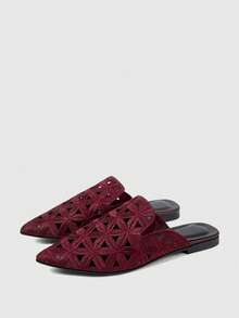 Sleekvia Women's Casual Versatile Commuter Hollow Embroidered Pointed Shoes - Burgundy 2 - View 2
