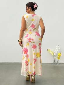 Firerie Plus Size Women's Elegant White Summer Floral Maxi Dress Wedding Guest Vacation Party Tea Graduation Fitted Sleeveless Mesh V-Neck Ruffle - Multicolor - View 9