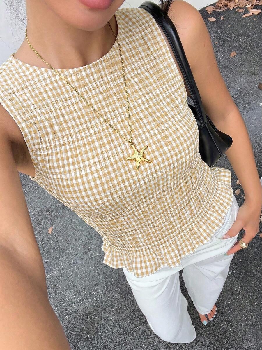 Siren Gaze 女款格紋美學縮褶無袖背心上衣,荷葉邊下襬,優雅格紋縮褶身片,白色夏季早午餐鄉村風度假風 - 黃色 - 查看 1