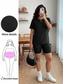 4pcs Plus Size Solid Color Set - 2 Short Sleeve Tops + 2 Knee Length Shorts - Multicolor - View 2