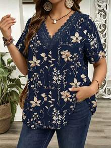 SHEIN LUNE Blusa de manga corta con estampado de plantas y encaje de contraste para vacaciones de mujer - Azul Marino - Ver 1