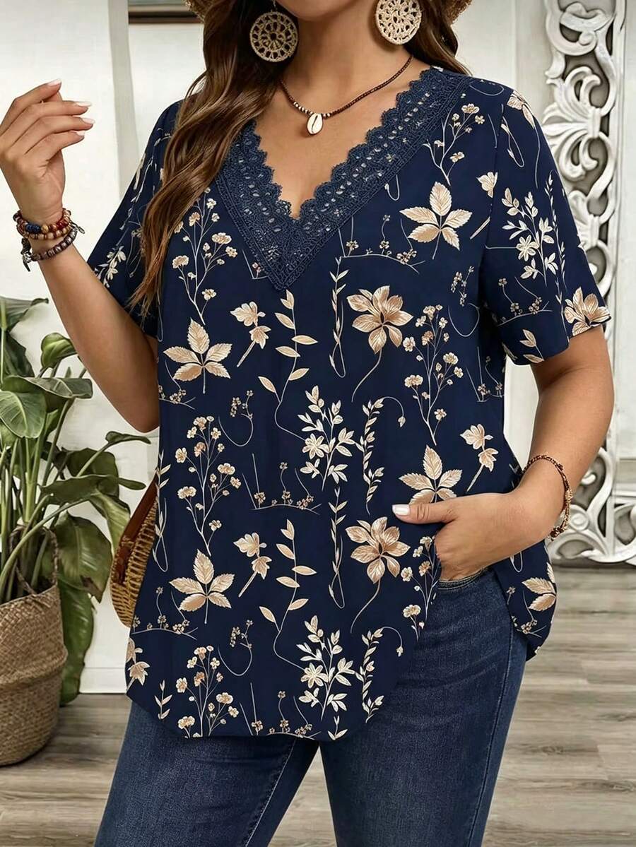 SHEIN LUNE Blusa de manga corta con estampado de plantas y encaje de contraste para vacaciones de mujer - Azul Marino - Ver 1