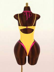Amplova 1pc Women's Avant-Garde 2 In 1 Swimsuit,Contrasting Fuchsia And Yellow,Summer Gay Beach Outfits,Festival Elegant Casual Y2k Sports Set - Multicolor - View 2