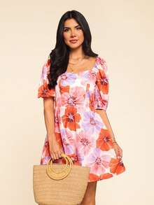 Vestido de verano con estampado floral, cuello de corazón y mangas abullonadas - Naranja - Ver 10