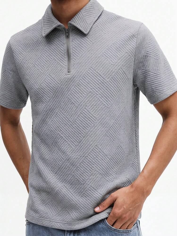SUMWON Men's Grey Textured Polo Shirt With Short Sleeves Quarter Zip Collar Classic Casual Summer Golf Wear, Polo Shirt For Men, Fitted Polo