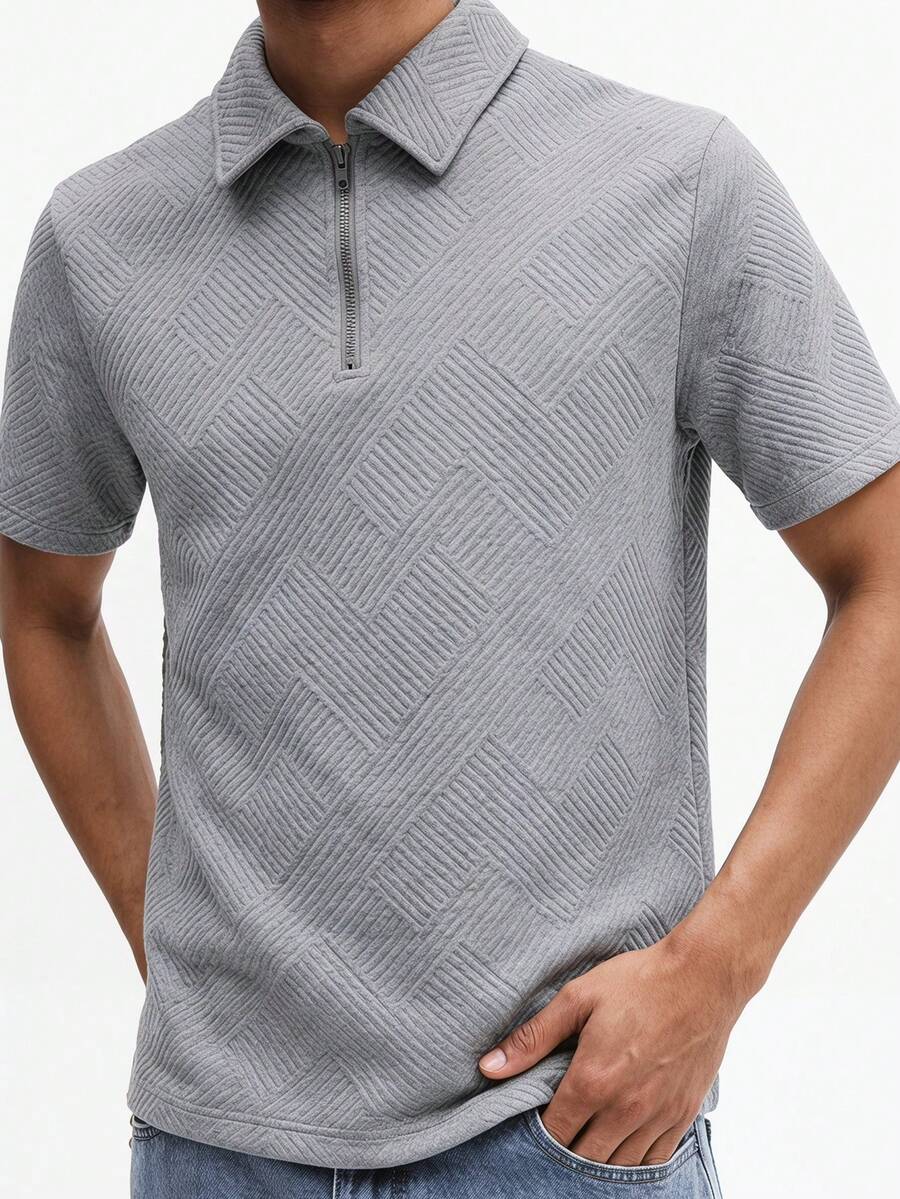 SUMWON Men's Grey Textured Polo Shirt With Short Sleeves Quarter Zip Collar Classic Casual Summer Golf Wear, Polo Shirt For Men, Fitted Polo - Grey - View 1