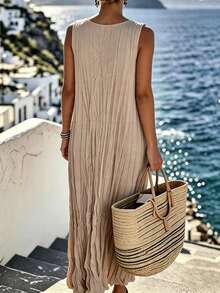 EMERY ROSE Pleated Round Neck Sleeveless Long Dress - Khaki - View 2